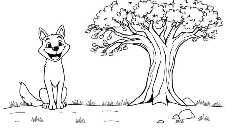 Un loup souriant assis à côté d'un grand arbre dans un paysage forestier, prêt pour le panneau coloré.