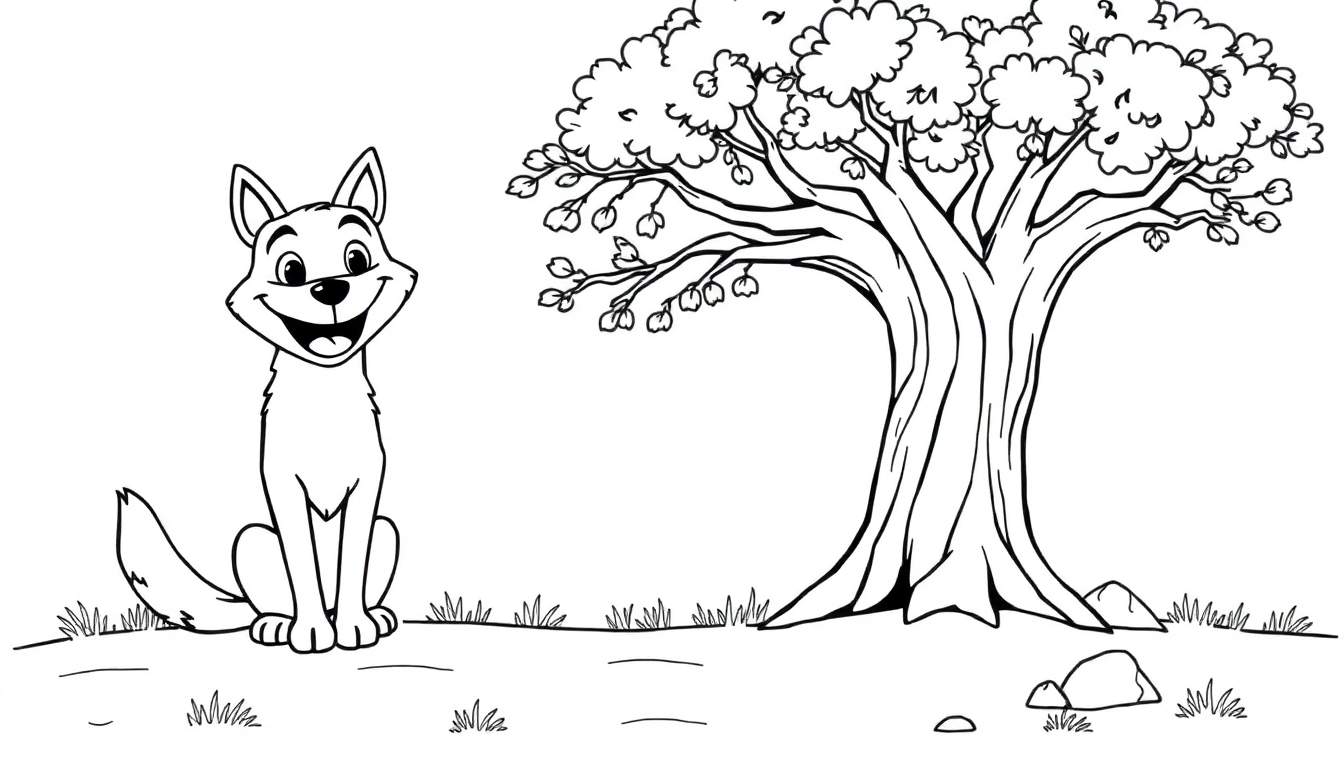 Un loup souriant assis à côté d'un grand arbre dans un paysage forestier, prêt pour le panneau coloré.