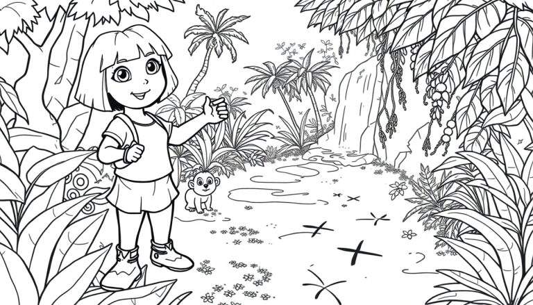 Dessin au trait de Dora l'exploratrice et Babouche dans une jungle, page de coloriage.
