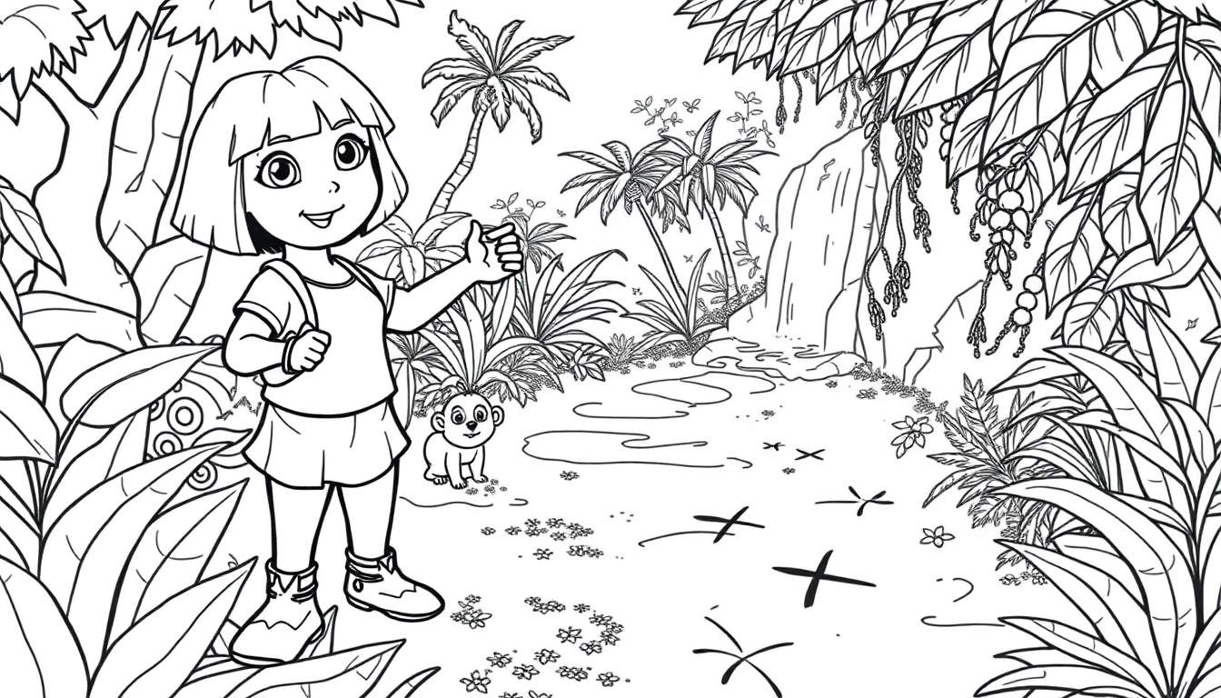 Dessin au trait de Dora l'exploratrice et Babouche dans une jungle, page de coloriage.