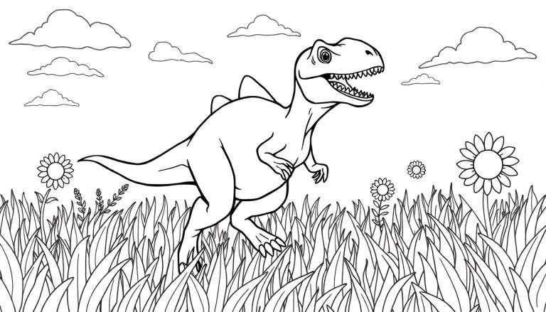 Un dinosaure théropode joyeux en noir et blanc, prêt pour le color panel.