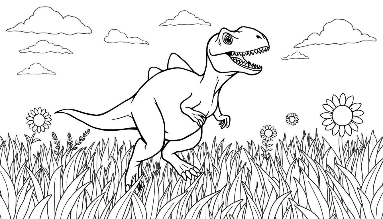 Un dinosaure théropode joyeux en noir et blanc, prêt pour le color panel.