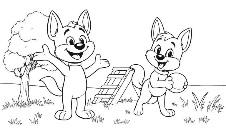 Deux chiots anthropomorphes joyeux jouant dans un parc.