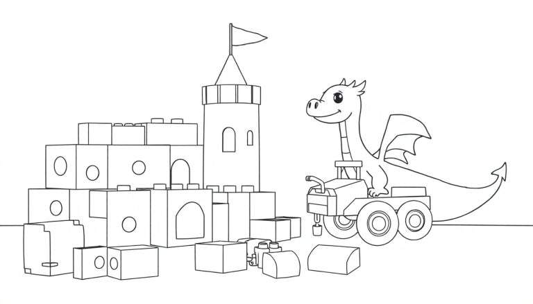 Un gentil dragon souriant est assis sur un véhicule à six roues devant un château en blocs avec un drapeau, conçu pour un color panel.