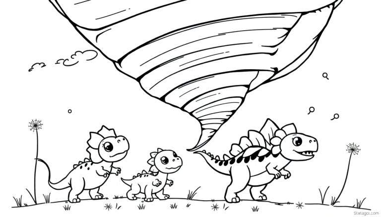 Une plaque couleur montrant trois dinosaures cartoon courant à l'approche d'une tornade.
