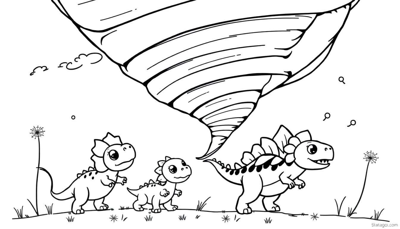 Une plaque couleur montrant trois dinosaures cartoon courant à l'approche d'une tornade.