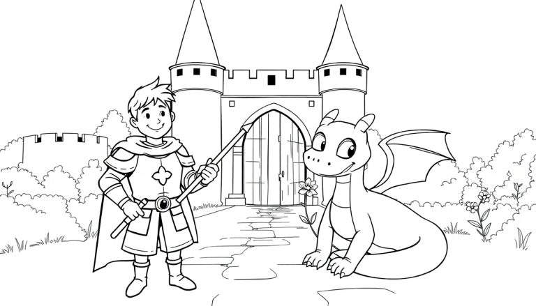 Chevalier et dragon souriants devant un château, prêt à être coloré.