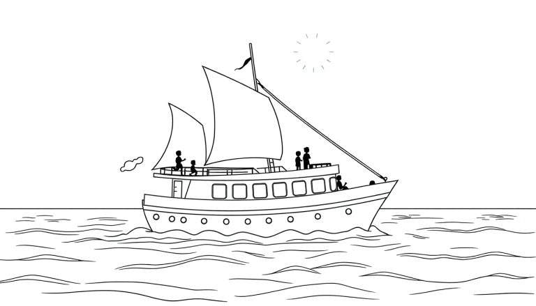 Un bateau à voile avec deux voiles et plusieurs personnes à bord navigue sur une mer calme sous un soleil dessiné, avec des lignes ondulées représentant l'eau.