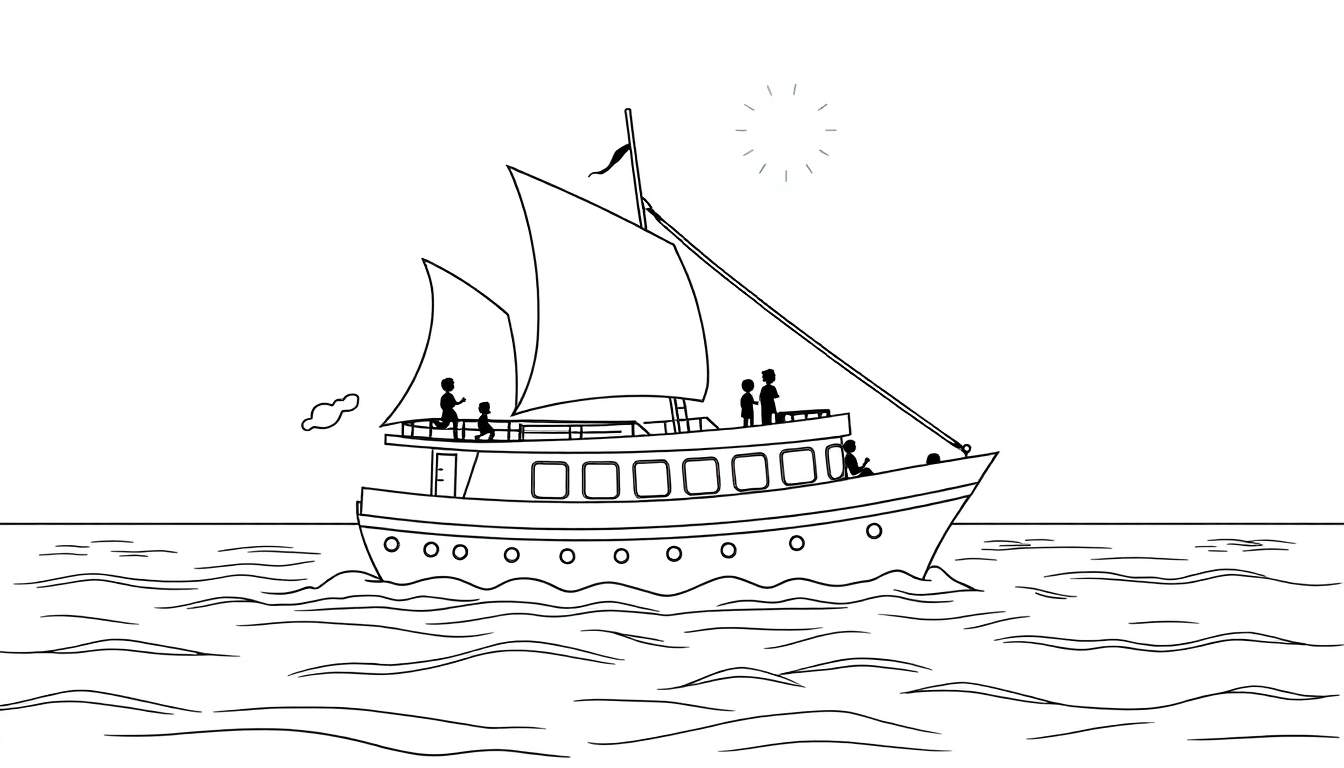 Un bateau à voile avec deux voiles et plusieurs personnes à bord navigue sur une mer calme sous un soleil dessiné, avec des lignes ondulées représentant l'eau.