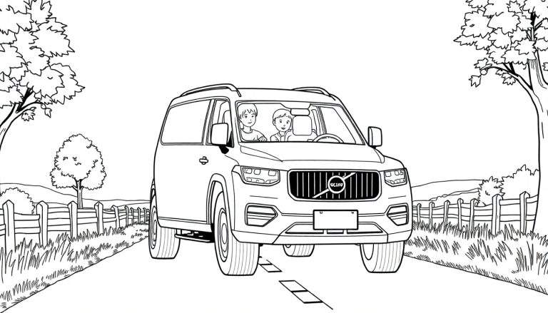 Dessin au trait d'une Volvo SUV sur une route de campagne avec des clôtures en bois et des arbres, destinée à être un coloriage.