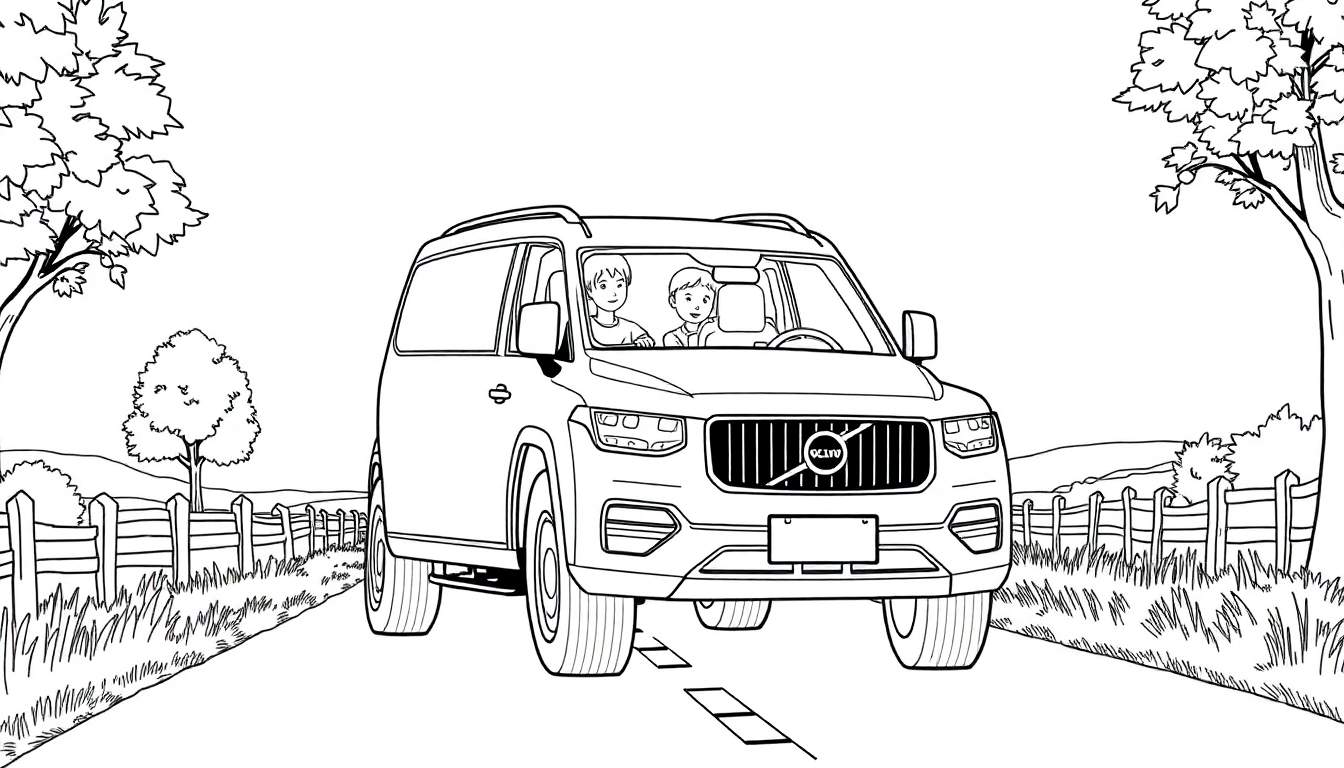 Dessin au trait d'une Volvo SUV sur une route de campagne avec des clôtures en bois et des arbres, destinée à être un coloriage.