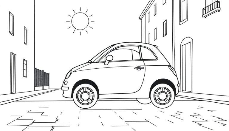 Une Fiat 500 rouge garée dans une rue pavée ensoleillée, avec des bâtiments des deux côtés.