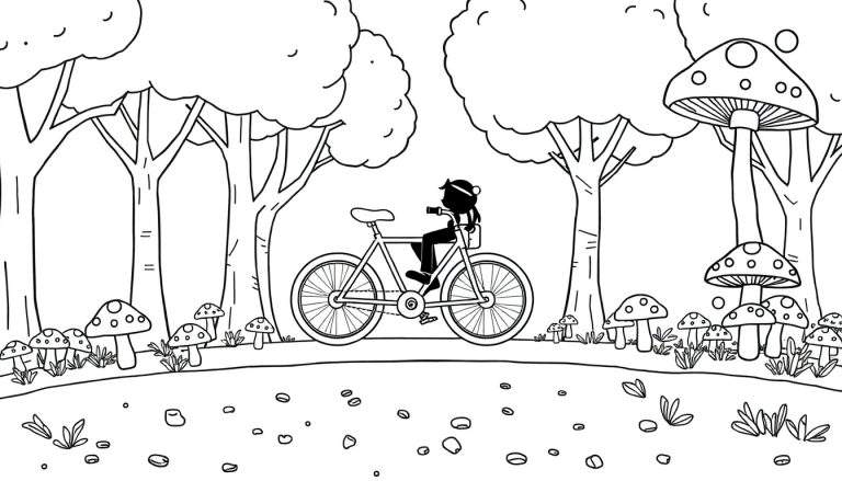 Un cycliste sur un chemin forestier entouré de champignons et d'arbres.