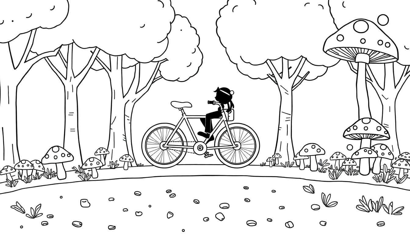 Un cycliste sur un chemin forestier entouré de champignons et d'arbres.