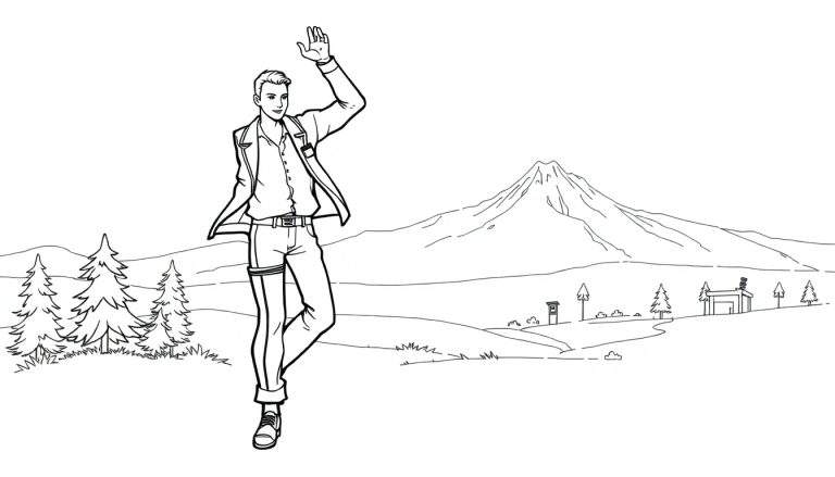 Dessin au trait d'un homme saluant devant un paysage montagneux, prêt pour un color panel.