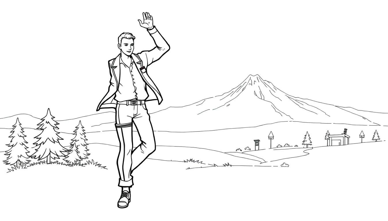 Dessin au trait d'un homme saluant devant un paysage montagneux, prêt pour un color panel.