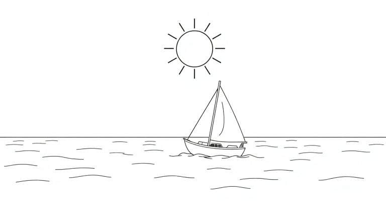 Un voilier monochrome naviguant sur une mer ondulée sous un grand soleil.
