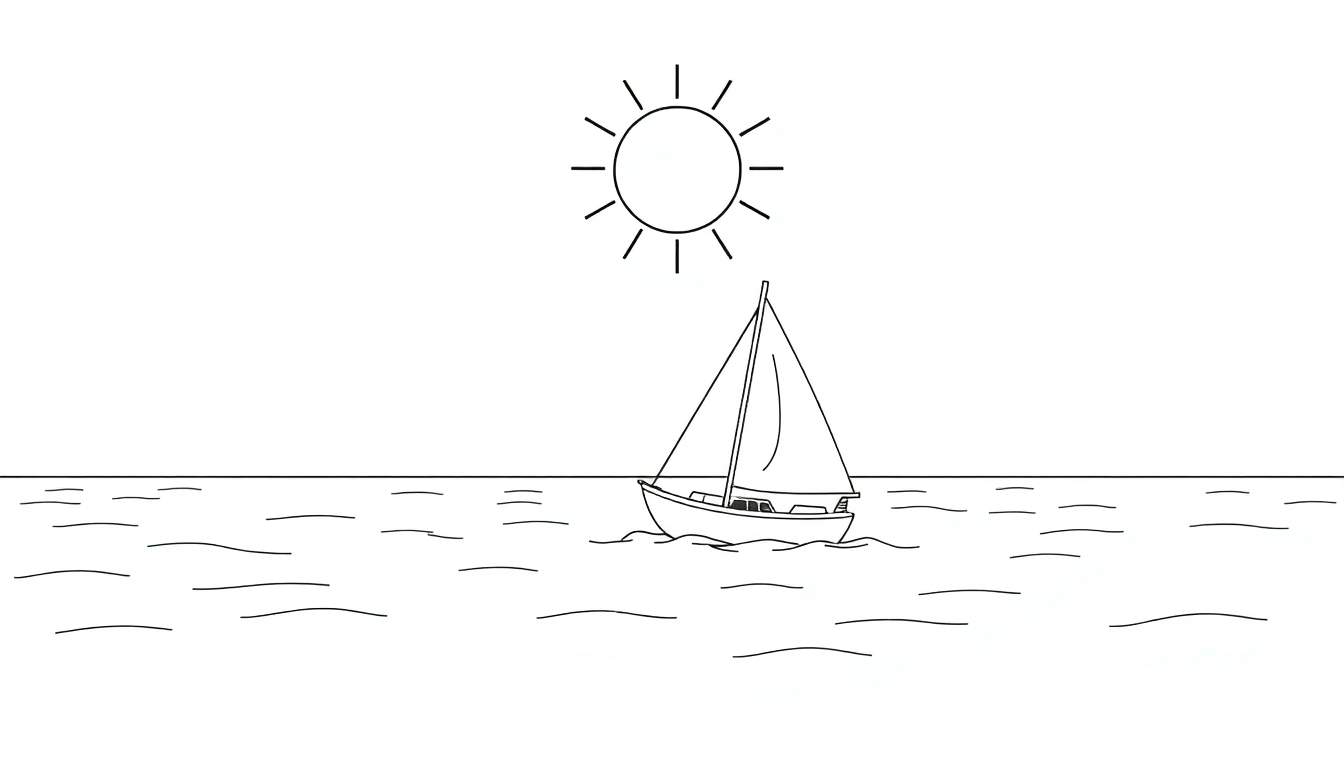 Un voilier monochrome naviguant sur une mer ondulée sous un grand soleil.
