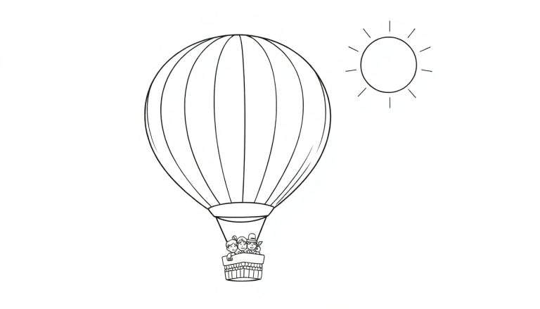Montgolfière et soleil, avec des panneaux colorés.