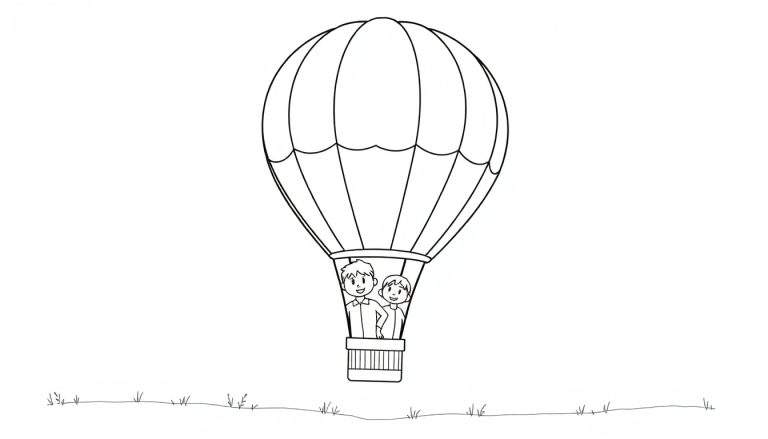 Dessin au trait d'une montgolfière avec des rayures bleues et jaunes, transportant deux personnes souriantes dans un panier, survolant une plaine herbeuse. Le style est simple et rappelle un color panel.