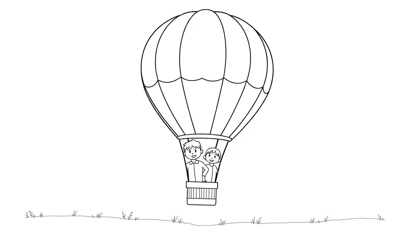 Dessin au trait d'une montgolfière avec des rayures bleues et jaunes, transportant deux personnes souriantes dans un panier, survolant une plaine herbeuse. Le style est simple et rappelle un color panel.