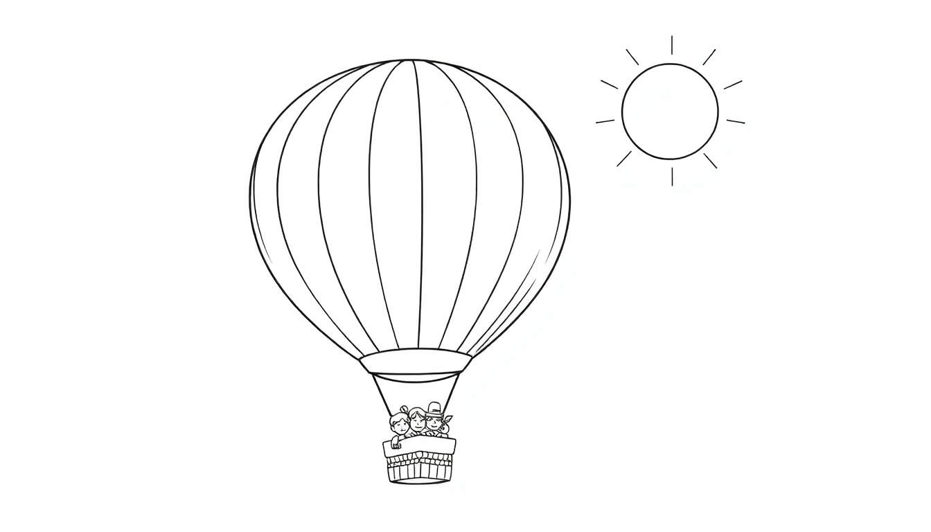 Montgolfière et soleil, avec des panneaux colorés.