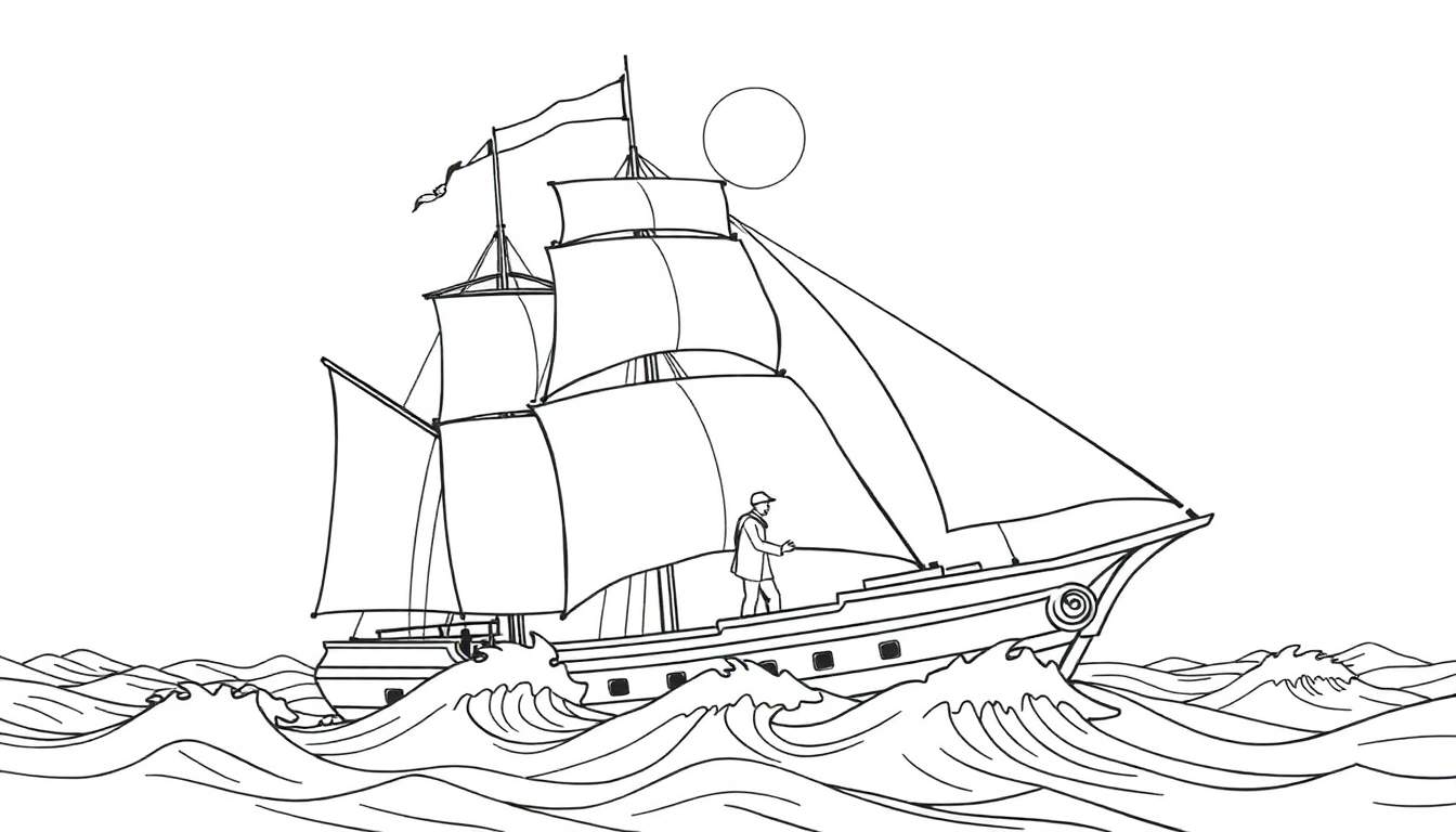 Dessin au trait d'un grand voilier avec des voiles déployées sur des eaux agitées, avec un cercle en haut, évoquant un panneau de coloriage.