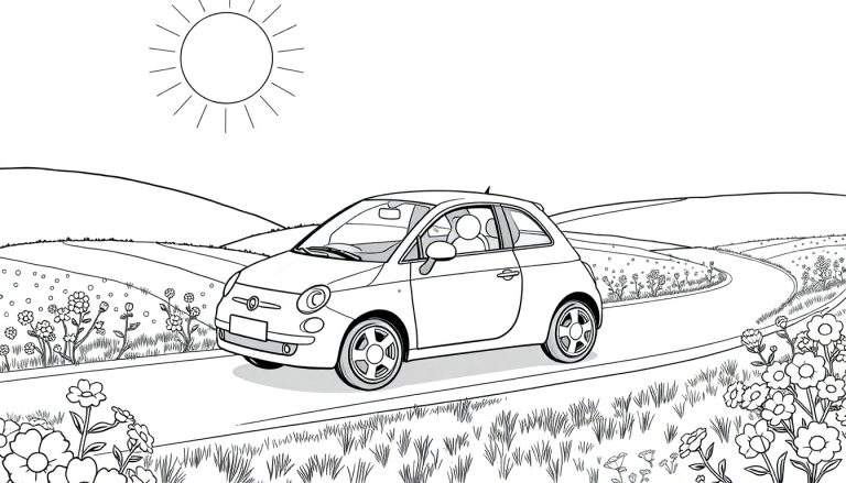 Une voiture citadine compacte rouge se déplace sur une route sinueuse bordée de champs fleuris sous un ciel bleu et ensoleillé.