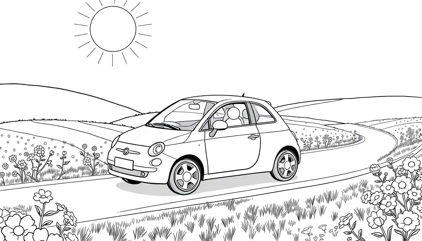 Une voiture citadine compacte rouge se déplace sur une route sinueuse bordée de champs fleuris sous un ciel bleu et ensoleillé.