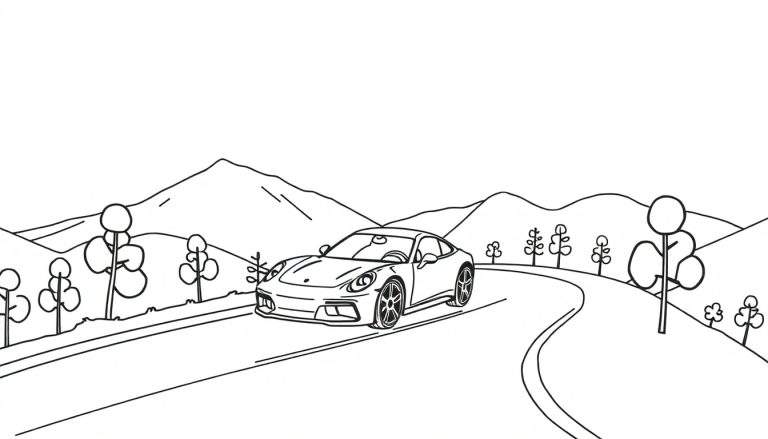 Dessin au trait d'une voiture de sport Porsche rouge vif sur une route de montagne sinueuse.
