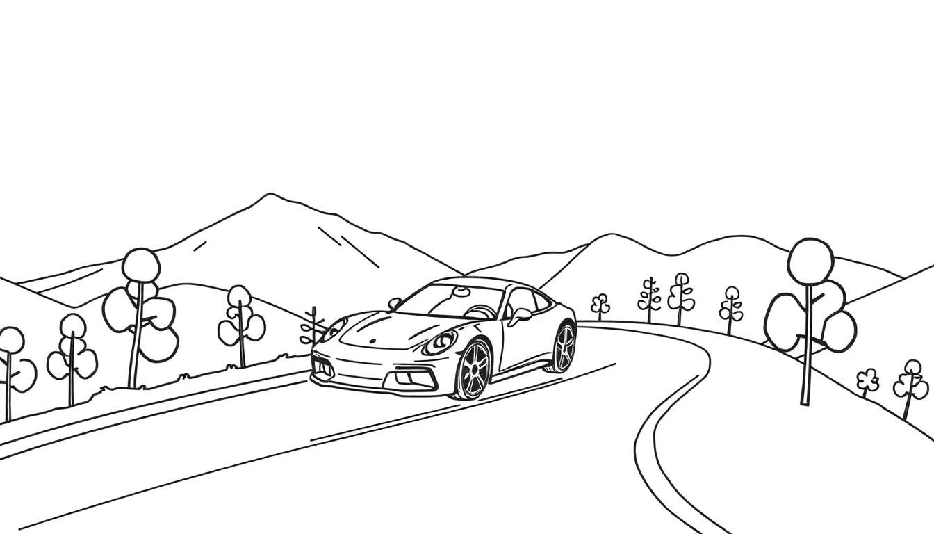 Dessin au trait d'une voiture de sport Porsche rouge vif sur une route de montagne sinueuse.