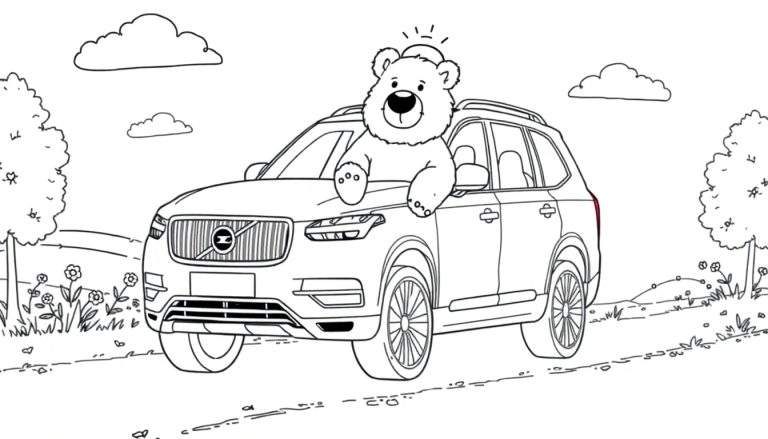 Dessin d'un ours en peluche portant un chapeau et assis dans une Volvo XC90, regardant par la fenêtre, dans un color panel.