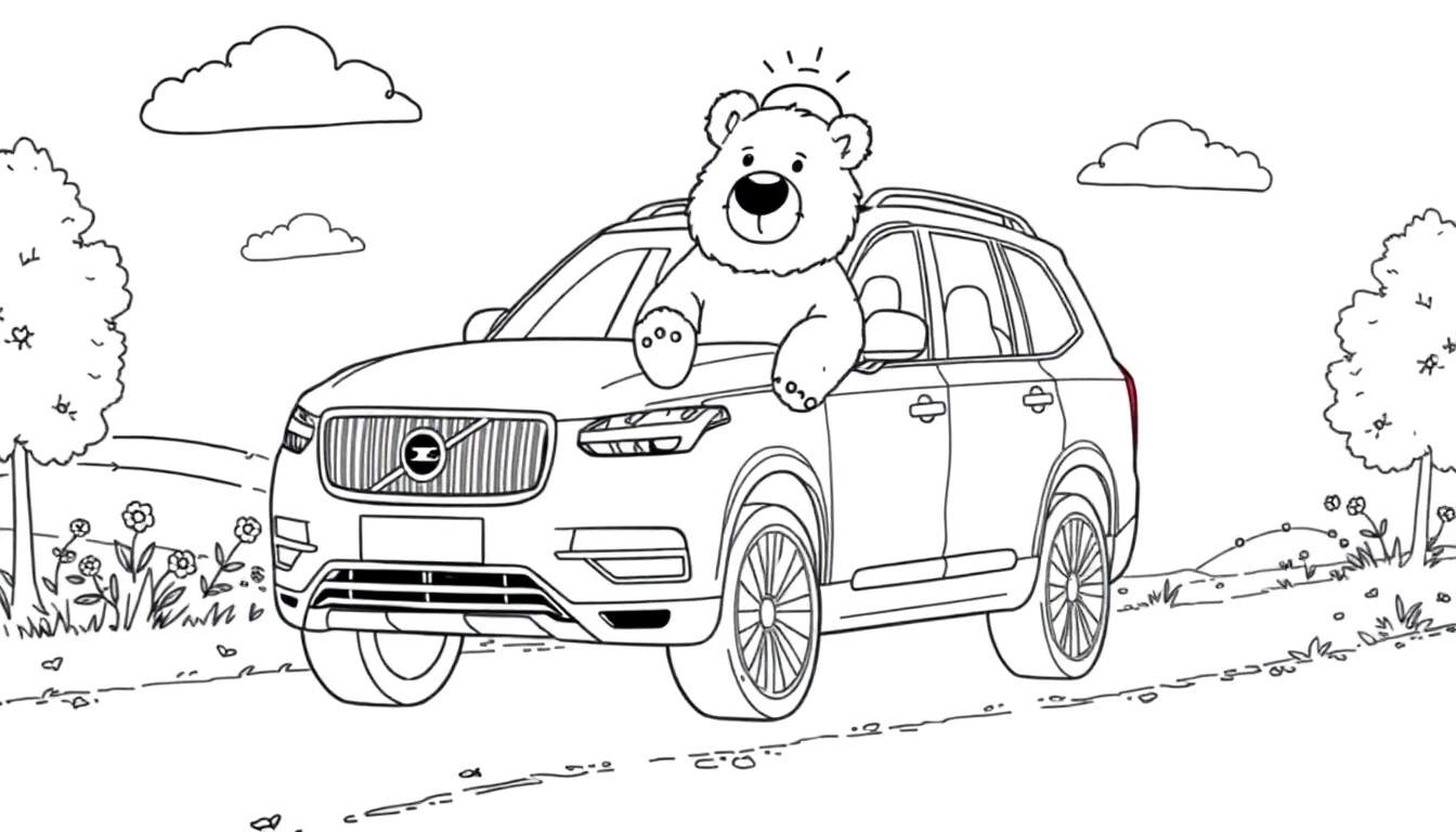 Dessin d'un ours en peluche portant un chapeau et assis dans une Volvo XC90, regardant par la fenêtre, dans un color panel.