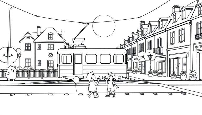Dessin d'une rue de ville avec un tramway et des enfants qui jouent, un soleil rond et une créature souriante.