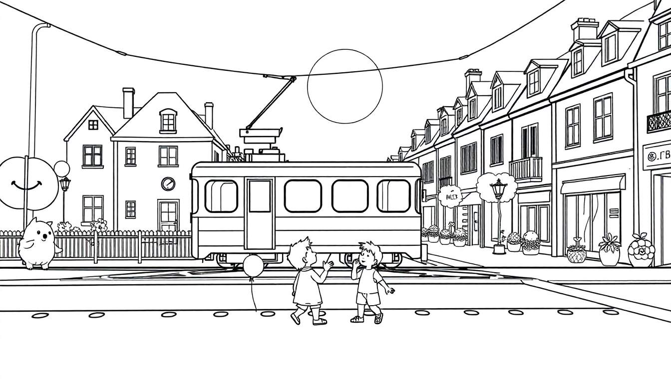 Dessin d'une rue de ville avec un tramway et des enfants qui jouent, un soleil rond et une créature souriante.