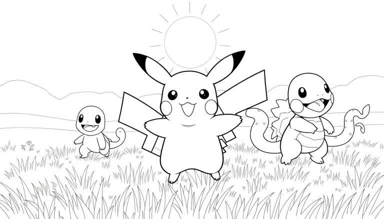 Dessin en noir et blanc d'un color panel avec Pikachu et deux Charmanders dans un champ ensoleillé.