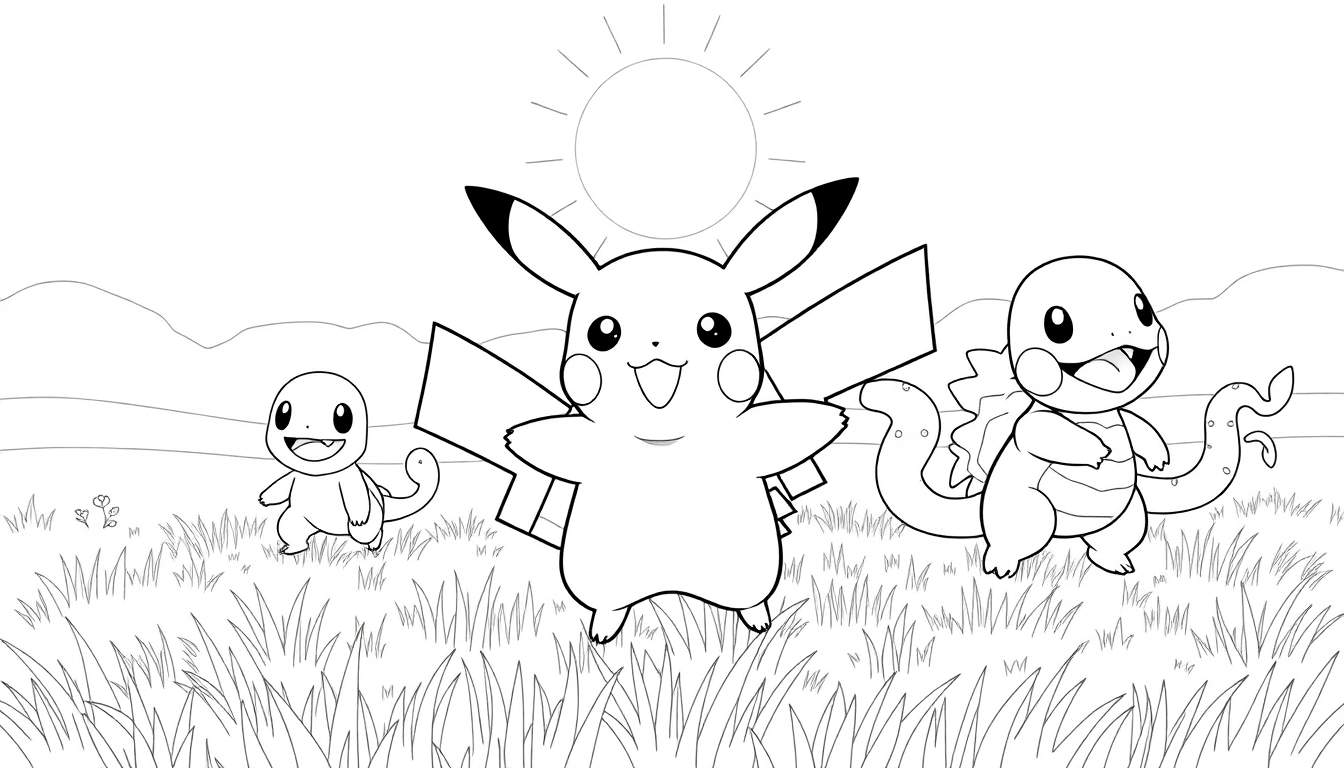 Dessin en noir et blanc d'un color panel avec Pikachu et deux Charmanders dans un champ ensoleillé.