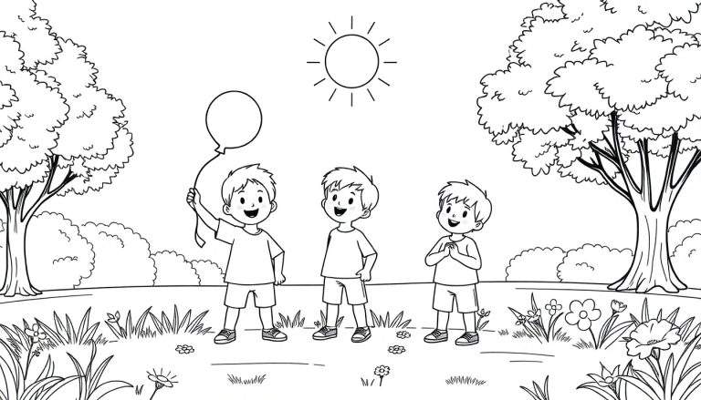 Trois garçons jouant au ballon dans un parc ensoleillé, avec des arbres et des fleurs en arrière-plan, un joyeux color panel pour enfants.