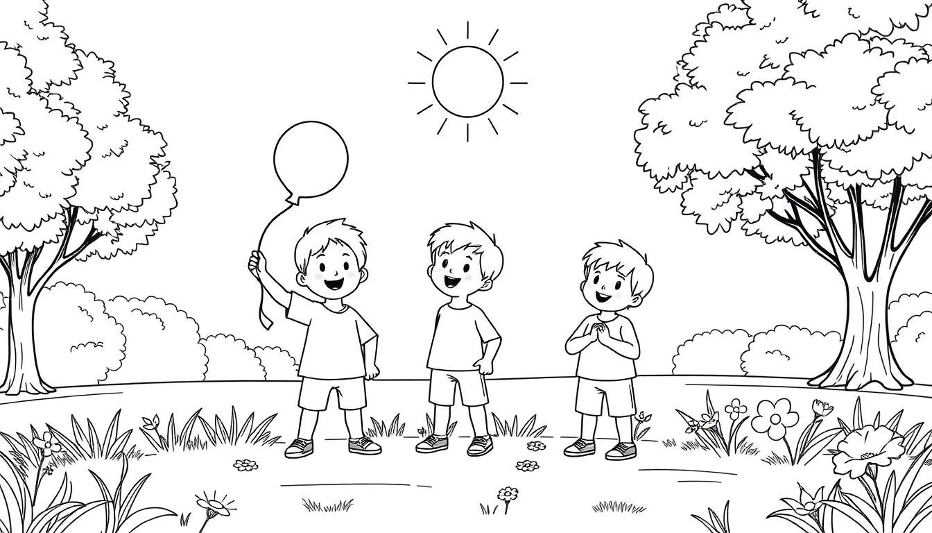 Trois garçons jouant au ballon dans un parc ensoleillé, avec des arbres et des fleurs en arrière-plan, un joyeux color panel pour enfants.
