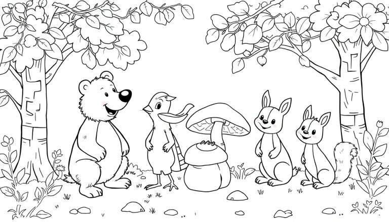Dessin au trait d'animaux amicaux dans une forêt, parfaits pour un color panel.