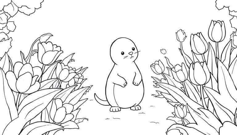 Dessin en noir et blanc d'une créature ressemblant à une loutre entourée de tulipes, comme un panel de coloriage.
