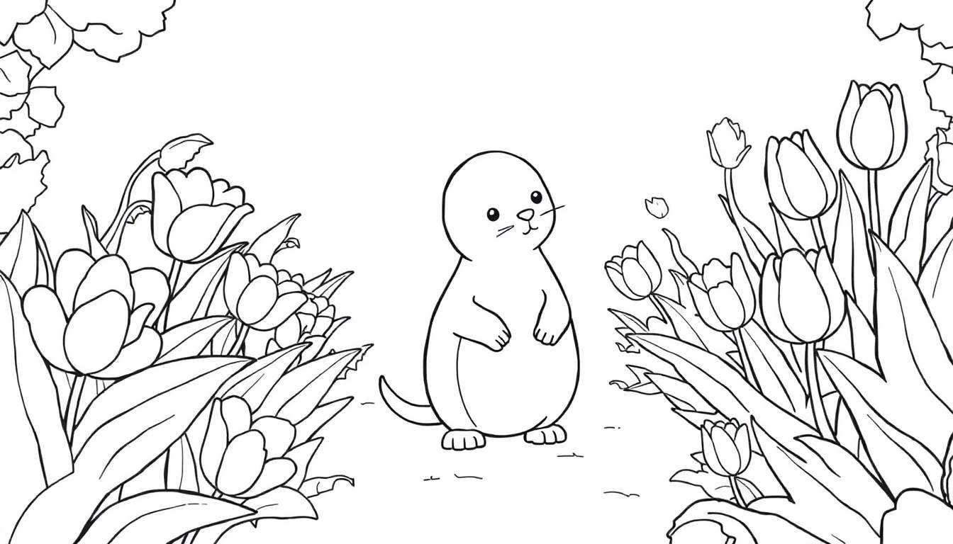 Dessin en noir et blanc d'une créature ressemblant à une loutre entourée de tulipes, comme un panel de coloriage.