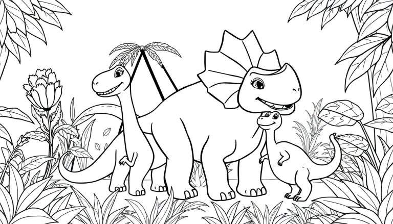 Un dessin au trait d'un groupe de dinosaures souriants dans une jungle, prêt pour le coloriage.
