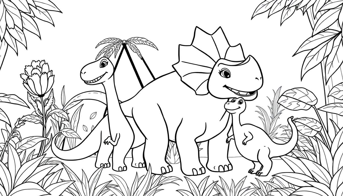 Un dessin au trait d'un groupe de dinosaures souriants dans une jungle, prêt pour le coloriage.