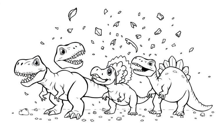 Une scène de dinosaures chaotique, ressemblant à une page à colorier, avec des dinosaures de différentes espèces au milieu de débris volants, comme dans une tornade ou une explosion, parfaite pour une page à colorier.