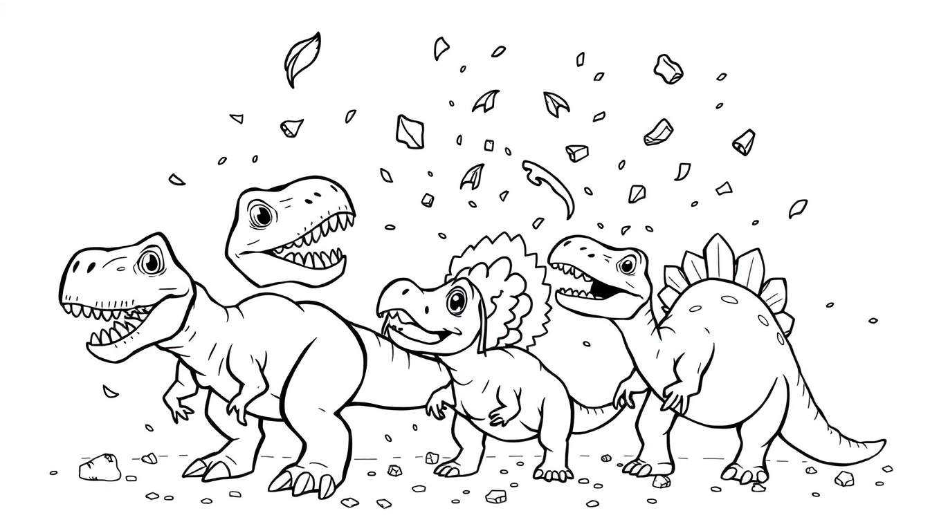 Une scène de dinosaures chaotique, ressemblant à une page à colorier, avec des dinosaures de différentes espèces au milieu de débris volants, comme dans une tornade ou une explosion, parfaite pour une page à colorier.