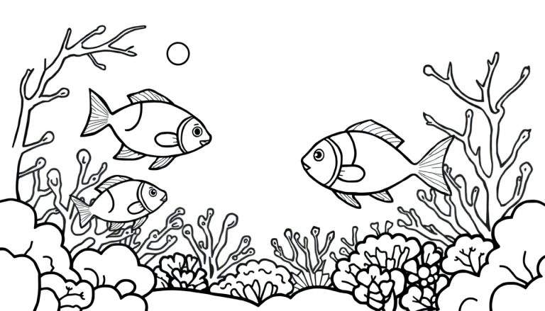 Dessin au trait d'un monde sous-marin avec des poissons nageant parmi des coraux et des algues, avec un cercle dans le coin supérieur gauche, ressemblant à une bulle ou au soleil, et une touche de color panel.