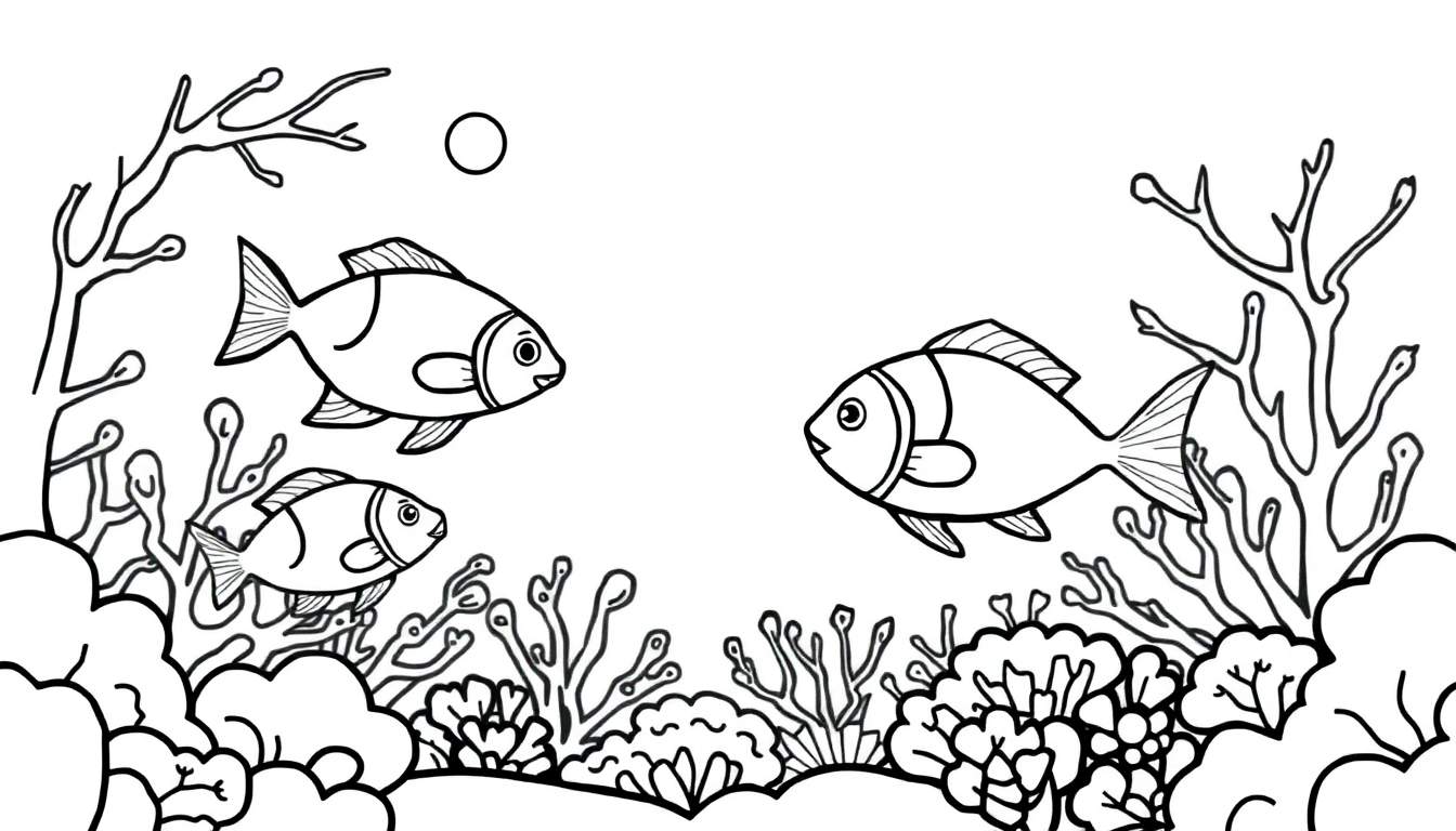 Dessin au trait d'un monde sous-marin avec des poissons nageant parmi des coraux et des algues, avec un cercle dans le coin supérieur gauche, ressemblant à une bulle ou au soleil, et une touche de color panel.
