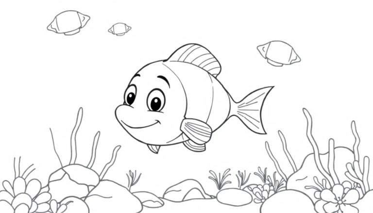 Un poisson de dessin animé mignon aux grands yeux nageant au-dessus du fond marin avec des bulles et des plantes aquatiques.
