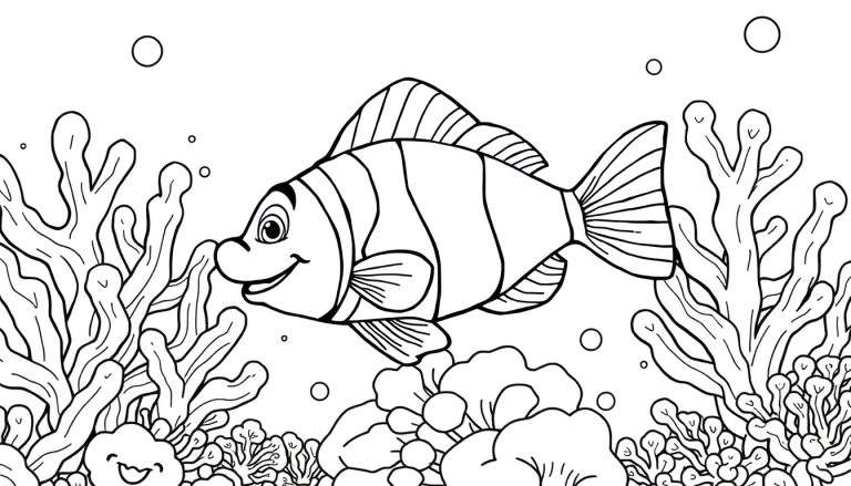 Un dessin au trait d'un poisson-clown heureux nageant dans un récif corallien, style livre de coloriage.